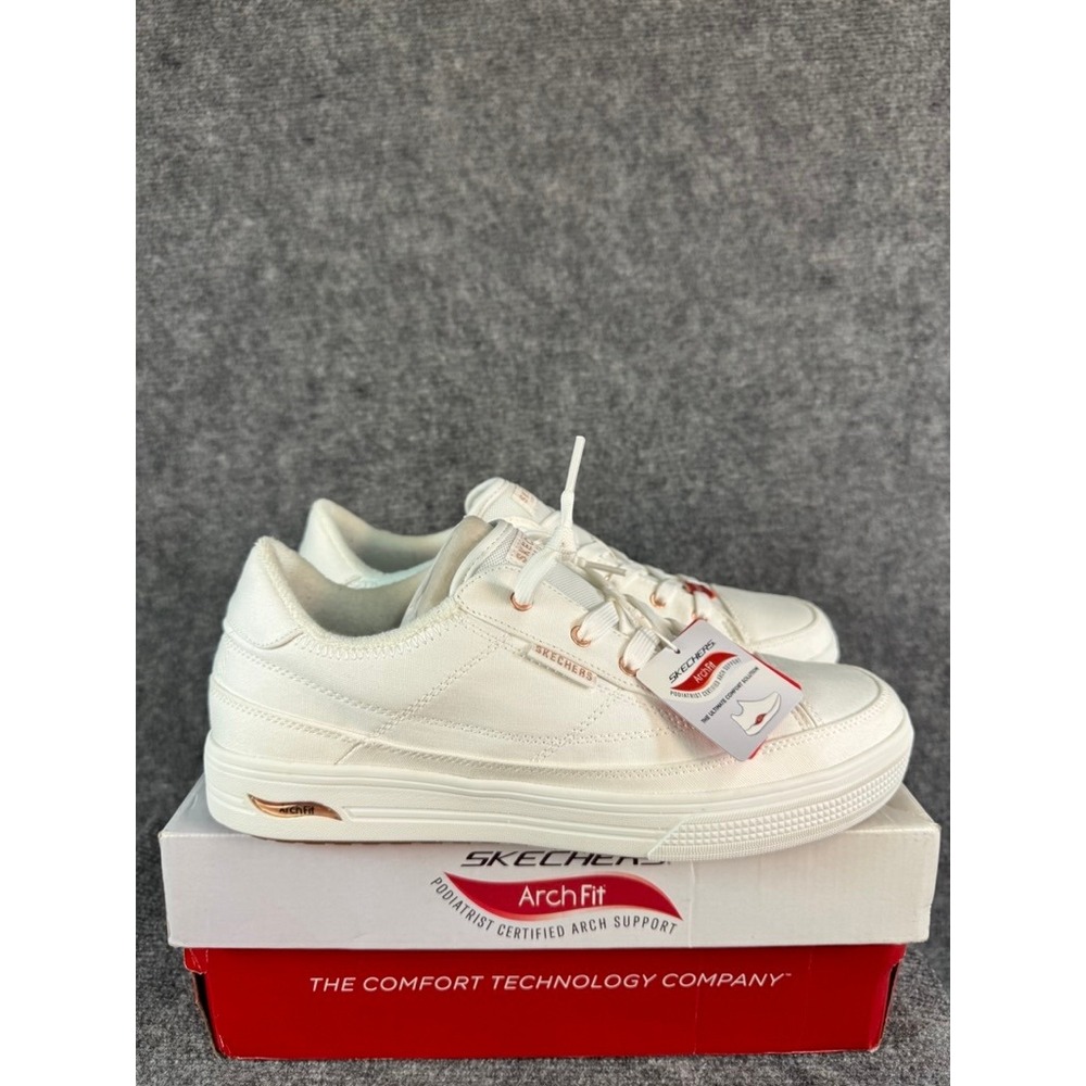 NWB Skechers Arch Fit Arcade Meet Ya There White Canvas Sneakers Wide Fit 177 11